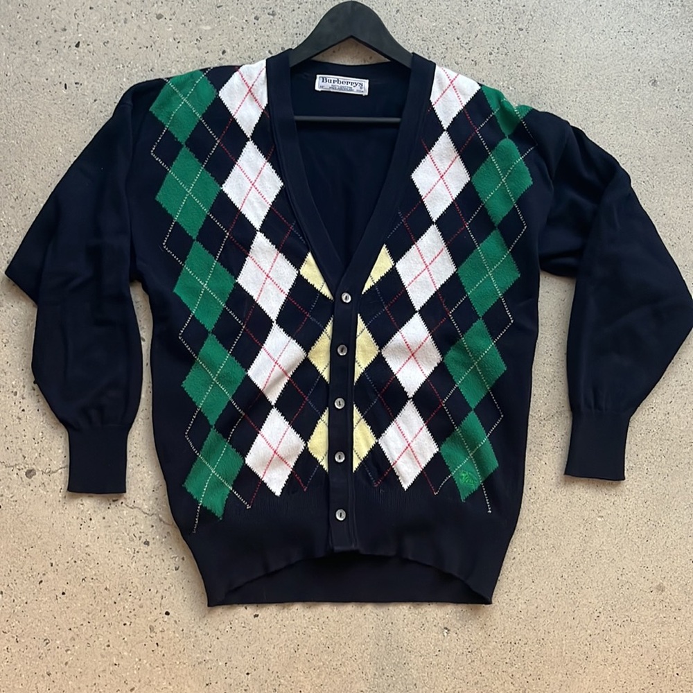 Burberry Navy Argyle Button-Up Cardigan with Green and White